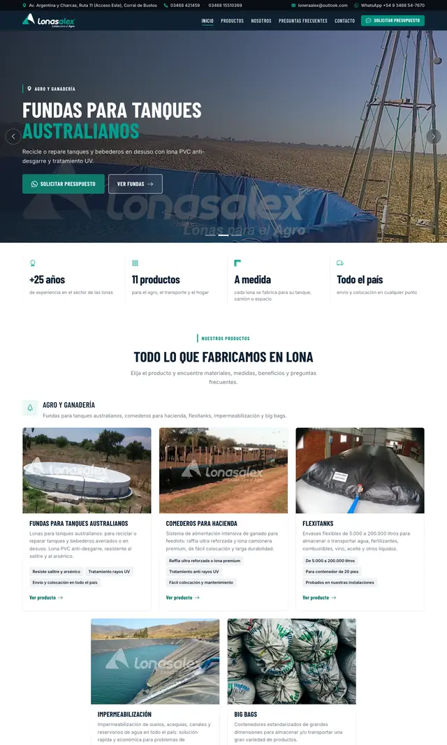 Página de inicio de Lonas Alex en computadora