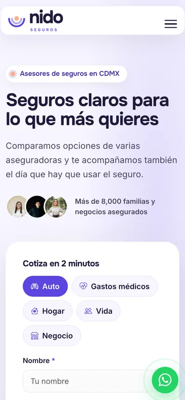 Página de inicio de Nido Seguros en celular