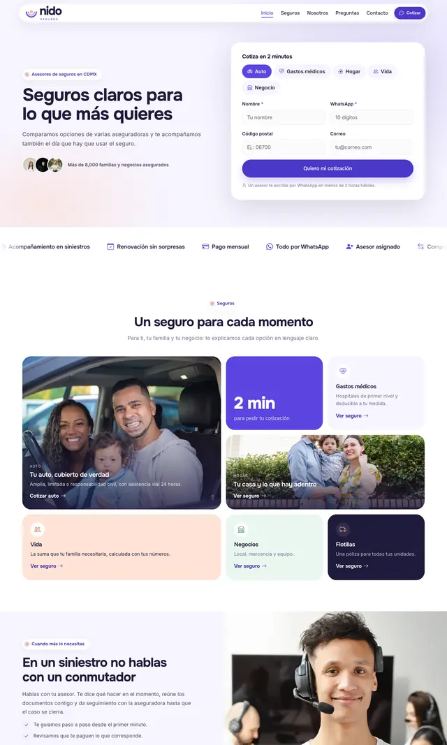 Página de inicio de Nido Seguros en computadora