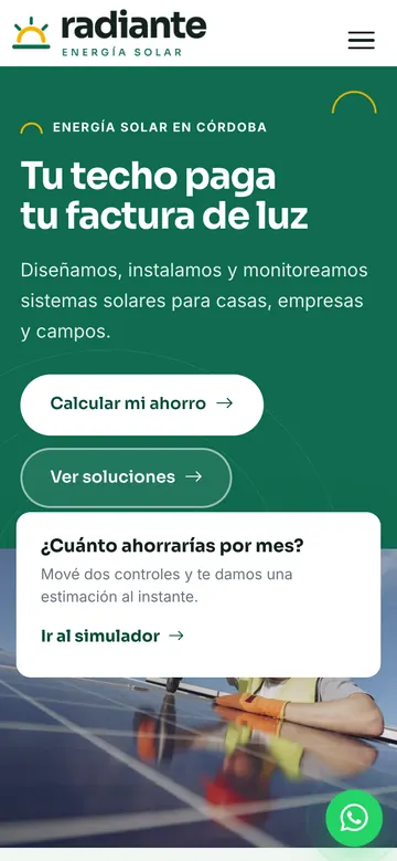 Página de inicio de Radiante Energía en celular