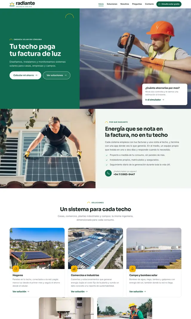 Página de inicio de Radiante Energía en computadora