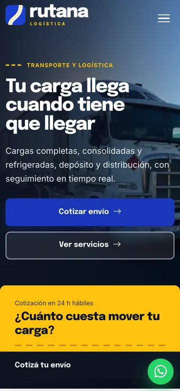 Página de inicio de Rutana Logística en celular