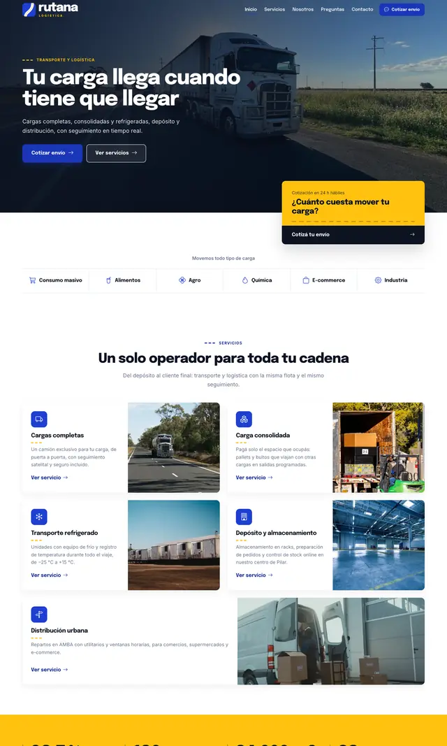 Página de inicio de Rutana Logística en computadora